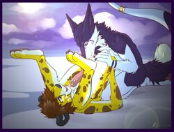 anal anthro cheetah cum cum_on_face ethan_(teckly) feline fur furry furry_only gay kneeling male mammal oral penis rachverity rimming sergal sex snow_(snowcheetah) snowcheetah yellow_fur