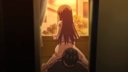 1girls 2boys animated ass black_hair bottomless brown_hair dimples_of_venus hidden huge_ass indoors kanou_karen long_hair male peeping poro red_eyes reverse_cowgirl_position secret sex sunset surprised surprised_expression sweat uhou_renka window