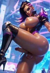 ai_generated big_breasts big_penis dominatrix from_below futanari huge_ass knee_up looking_at_viewer overwatch overwatch_2 sombra