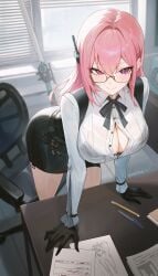 bent_over blush bra breasts busty cleavage clothing curvy curvy_body curvy_female curvy_figure female fully_clothed glasses hoshimi_miyabi large_ass large_breasts looking_at_viewer office_lady pink_hair secretary seductive seductive_look see-through see-through_clothing skirt table tsukishiro_yanagi zenless_zone_zero