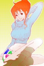 1girls 2012 boots breasts clothing cowboy_boots crop_top cropped_sweater episode_of_luffy female female_only high_heel_boots miniskirt nami one_piece post-timeskip ribbed_sweater skirt sweater takaki_(pixiv_id_3425936) turtleneck turtleneck_sweater