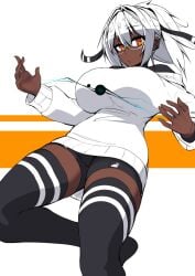 bike_shorts black_thigh_highs black_thighhighs dark-skinned_female dark_skin ear_piercing female glasses hair_between_eyes invisible_chair layered_clothes layered_clothing off-shoulder_sweater off_shoulder original original_character piercing pony_tail ponytail semi-rimless_eyewear short_hair short_ponytail sitting solo sub-res sweater tagme thigh_highs thighhighs thighs under-rim_eyewear white_background white_hair