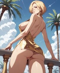 ai_generated areola_slip ariels from_behind from_below gold_dress guilty_gear guilty_gear_strive mayihavesomeslops palm_tree wet_pussy