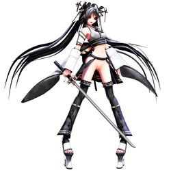 3d black_hair breasts female looking_at_viewer maeda_koutarou navel original platform_footwear platform_sandals pussy red_eyes solo sword uncensored weapon