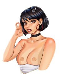 artist_name_removed black_hair boob_window boobs_out breasts breasts_out brown_eyes choker earrings edit evie_(fortnite) fortnite fortnite:_battle_royale hair_ornament hairclip lipstick nudifydraws poorly_edited