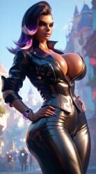 3d ai_generated hands_on_hips huge_breasts looking_at_viewer overwatch overwatch_2 seductive sombra thighs tight_clothing wide_hips