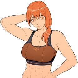 1girls abs arm_behind_head arm_up breasts cleavage dark_skin female fire_emblem fire_emblem:_three_houses hand_on_own_hip highres human large_breasts leonie_pinelli light-skinned_female medium_hair muscular muscular_female navel orange_eyes orange_hair radiostarkiller red_sports_bra side_ponytail solo sports_bra two_tone_bra upper_body