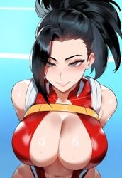 1girls ai_generated artist_request black_hair blush breasts female grey_eyes huge_breasts juuicyai massive_ass massive_breasts momo_yaoyorozu momo_yaoyorozu_(hero_outfit) my_hero_academia smile sweat