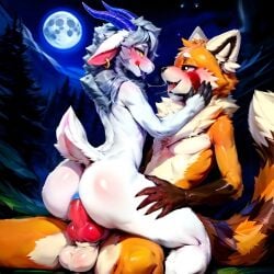 ai_generated anal_sex balls black_fingertips blue_anus blue_nipples blush duo eye_contact femboy forest frosting.ai furry gay girly goat hild_(zataekink) horns looking_at_viewer male male/male moon mr_diddlez night penis precum red_panda rosso_(mr_diddlez) saliva scut_tail smile stars yellow_eyes