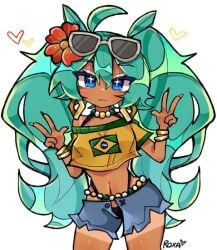 blue_eyes blue_hair bracelets brazilian brazilian_flag brazilian_miku double_peace_sign flower flower_in_hair hatsune_miku heart necklace roxapox sparkly_eyes sunglasses sunglasses_on_head tagme tanline tanned