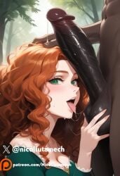 1boy 1girls ai_generated dark-skinned_male merida orange_hair sitting uncensored