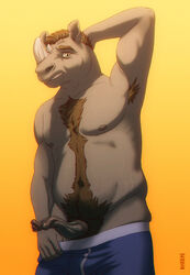 1boy anatomically_correct animal_genitalia anthro armpit_hair armpits body_hair chest_tuft chubby fur happy_trail horn kannos male male_only mammal navel nipples penis presenting rhinoceros solo stretch_marks tuft