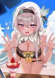 +_+ bangs bare_shoulders beach bikini black_bikini blue_sky blush breasts cleavage cleavage_cutout day eyebrows_visible_through_hair female firefly_(honkai:_star_rail) food hair_between_eyes hair_ornament hairband heart heart-shaped_pupils holding_spoon honkai:_star_rail ice_cream large_breasts long_hair looking_at_viewer open_mouth outdoors shaved_ice silver_hair sky smile solo sparkle sparkling_eyes spoon squchan swimsuit symbol-shaped_pupils very_long_hair