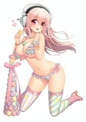 ai_assisted big_breasts bikini breasts cleavage edit headphones heart-shaped_pupils macaron navel nitroplus obolz pink_hair restored self_upload super_sonico super_sonico_(series)