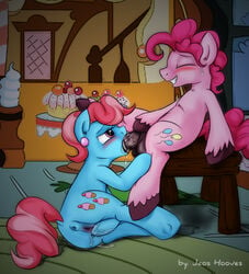 2014 anus ass balls blue_fur blush bubble_berry_(mlp) closed_eyes colored cup_cake_(mlp) duo equine female feral fetlocks food friendship_is_magic fur hair horse inside jcoshooves male mammal masturbation my_little_pony oral oral_sex penis pink_fur pink_hair pinkie_pie_(mlp) pony pussy rule_63 saliva sex sitting smile straight sweat table two_tone_hair