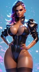 ai_generated hands_on_hips huge_breasts looking_at_viewer overwatch overwatch_2 seductive sombra thighs wide_hips