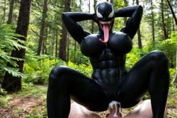 abs ai_generated cowgirl_position cum cum_in_pussy cum_inside forest muscular non-human reverse_cowgirl_position sex she-venom straight venom_(marvel)