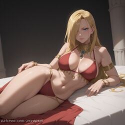 1girls ai_generated arabian_clothes artist_name blonde_hair clothed clothing colored curvy digital_media_(artwork) female female_focus female_only front_view fullmetal_alchemist lingerie olivier_mira_armstrong psyopsai skimpy solo solo_focus watermark