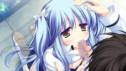 aoto_mikamo blue_hair censored fellatio game_cg hand_on_head kneeling matsushita_makako nipples oral penis strawberry_nauts