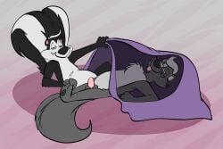 anthro bedding blanket duo eyewear eyewear_only genitals glasses glasses_only hi_res joesanchez looney_tunes lying male male/male mammal mephitid nude on_back penis pepe_le_pew ray_rhythmus skunk slim tail thick_tail warner_brothers wearing_glasses