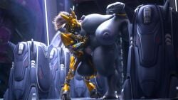 3d anthro balls balls_bigger_than_head big_balls female female_sangheili gold_armor halo_(series) hanging_balls horsecock kig-yar large_balls large_testicles male mane rugged_balls runn1non sangheili size_difference small_but_hung snout unguligrade_legs