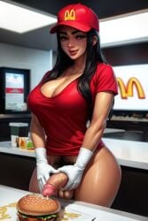 ai_generated black_hair burger cum cum_in_food exposed food food_play futanari gloved_handjob gloves indian indian_female masturbation mcdonald's oiled pubes public public_exposure public_nudity realistic sauce sweat tagme tan_body wet