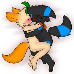 2022 animal_genitalia animal_penis anthro blush breasts canine_genitalia canine_penis closed_eyes dakimakura dakimakura_design digital_drawing_(artwork) digital_media_(artwork) duo eeveelution female fur generation_2_pokemon generation_4_pokemon genitals hug kiss_on_lips kissing leafeon lying male male/female night_shadowblade_(silverfancyarts) nintendo nude on_side penis penis_in_sheath penis_poking_out penis_tip pillow_shading pokemon pokemon_(species) ruby_crystalheart_(silverfancyarts) shaded sheath shiny_pokemon silverfancyarts simple_background tail umbreon