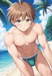 1boy abs ahoge ai_generated almost_naked almost_nude artist_request beach big_bulge blue_sky blush broad_shoulders brown_hair bulge cloud clouds cute_face danganronpa danganronpa:_trigger_happy_havoc green_eyes half_naked half_nude looking_at_viewer muscles muscular muscular_male naegi_makoto palm_tree pectorals pretty_boy speedo swimsuit tagme thighs twink twunk