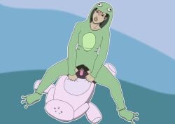 bunny dildo frog full_color hairy hairy_pussy onesie plushie plushophilia riding_dildo solo_female strap-on