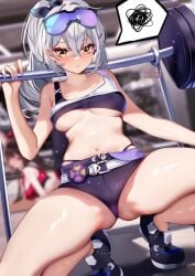 bangs bare_arms bare_legs bare_shoulders black_shorts blurry blurry_background blurry_foreground blush breasts collarbone depth_of_field eyebrows_visible_through_hair eyewear_on_head female frown grey_hair hair_between_eyes holding honkai:_star_rail long_hair looking_at_viewer medium_breasts midriff navel ponytail shoes short_shorts shorts silver_hair silver_wolf_(honkai:_star_rail) sleeveless small_breasts sneakers solo spoken_squiggle sports_bra squatting squchan squiggle stomach thighs underboob v-shaped_eyebrows