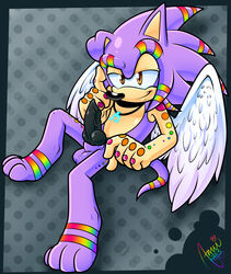 1boy 2013 absurdres amuzoreh anthro black_penis bling erection feathered_wings furry half-closed_eyes hedgehog highres knot male male_only mammal musical_note naughty_face necklace pattern_background penis pose rainbow_markings sega shaded signature smile solo sonic_(series) tattoo testicles wings