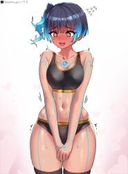 1girls big_breasts blush body_lines breakthrough_rr breasts core_crystal dark-skinned_female dark_skin flaming_hair navy_blue_hair panties pushing_breasts_together sena_(xenoblade) small_breasts sports_bra sweat tan_skin tattoo tomboy wide_hips xenoblade_(series) xenoblade_chronicles_3