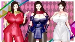 3d_model apuri battle_tendency big_breasts black_hair blue_eyes elizabeth_joestar huge_breasts jojo's_bizarre_adventure koikatsu lisa_lisa long_hair mature mature_female milf outfit_variant pale-skinned_female pale_skin red_lipstick scarf tied_hair towel