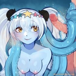 1boy anna_no_kojo black_souls black_souls_2 blue_hair blush breasts bubble colored_skin female hair_between_eyes hat highres kuti_(black_souls) large_breasts long_hair monster_girl nipples penis scylla shell_hair_ornament smile star_(symbol) tentacle tentacle_hair tentacle_sex tentacles_on_male twintails twitter_username underwater underwater_sex very_long_hair white_hair white_skin yellow_eyes