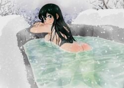 ass back back_view bare_arms bare_back bare_legs bare_shoulders bare_thighs bathing big_breasts body_blush breasts cheese_cat_(artist) completely_nude frog_girl green_eyes green_hair hot_spring long_hair my_hero_academia nude onsen outdoors partially_submerged sideboob snow snowing thighs tsuyu_asui turning_head water wet_body winter