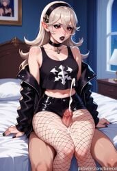 1boy ai_generated balecxi bed black_choker black_jacket black_lips black_nails black_shorts breasts corrin_(female)_(fire_emblem) corrin_(fire_emblem) corrin_(fire_emblem)_(female) crop_top ejaculation female fire_emblem fishnet_pantyhose fishnets hair_between_eyes hairband indoors lipstick long_hair makeup navel on_bed pantyhose penis pointy_ears projectile_cum red_eyes short_shorts sitting_on_person solo_focus straight thigh_sex thighs uncensored