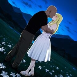 1boy 1girls abasta ai_generated barefoot blonde_hair blue_eyes closed_eyes dark dark-skinned_male dark_skin dress feet fullmetal_alchemist interracial kissing light-skinned_female night outdoors romantic romantic_couple smug standing stars winry_rockbell