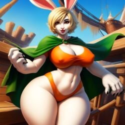 ai_generated bimbo bimbofication blonde_hair brown_eyes bunny_ears bunny_girl cape carrot_(one_piece) curvy curvy_figure frosting.ai huge_ass huge_breasts one_piece pirate_ship short_hair