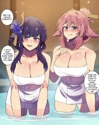 2girls big_breasts english_text genshin_impact hinghoi implied_male_pov partially_clothed pink_hair purple_eyes purple_hair raiden_shogun towel towel_only yae_miko