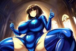 ai_generated big_ass big_breasts big_thighs chara latex metroid red_eyes samus_aran_(cosplay) short_hair undertale zero_suit_samus_(cosplay)