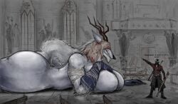 absurd_res anthro antlers ass beast_(bloodborne) big_ass big_breasts big_butt blindfold bloodborne boysa_228 breasts canid canine clothed clothing dialogue duo female fromsoftware fully_clothed fur furry gun hi_res holding_gun holding_object holding_ranged_weapon holding_rifle holding_weapon horn horns huge_ass huge_breasts huge_butt human larger_female macro male mammal mythological_canine mythological_creature mythology nikolai_ ranged_weapon rifle sharp_teeth size_difference sony_corporation sony_interactive_entertainment tail the_hunter_(bloodborne) thick_thighs vicar_amelia weapon werecanid werecanine werecreature werewolf white_body white_fur wide_hips