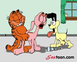 1girls 2boys ambiguous_penetration animated anthro arlene_(garfield) balls being_watched canine cat closed_eyes dog domestic_cat domestic_dog drooling feline female feral garfield_(series) garfield_the_cat gif indoors lips lipstick male mammal masturbation odie open_mouth paws,_inc. penis sextoon small_image smile straight testicles