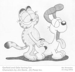 2002 2boys anal anal_penetration anal_sex anthro canine cat closed_eyes dog domestic_cat domestic_dog duo feline furry garfield_(series) garfield_the_cat gay interspecies male male_only mammal monochrome odie sex sir_drawalot white_background yaoi