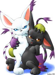 2003 blackgatomon blacktailmon digimon feral furry gatomon gloves highres karabiner paws purple_fur pussy sexually_suggestive suggestive tailmon