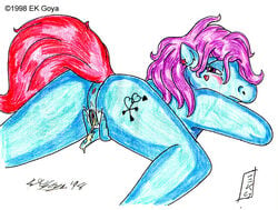 1990s 1998 20th_century anthro anus blue_body drawn ek_goya equine furry mammal my_little_pony pony purple_hair pussy smooth_skin tagme wet_pussy white_background