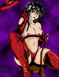 1girls alucard_(hellsing) areolae black_hair blood breasts busty canon_genderswap chair cleavage clothes color eyewear female female_only front_view girlycard glasses gloves green_eyes hair hat hellsing humanoid long_hair looking_at_viewer nipples open_eyes rule_63 sitting solo topless uncensored vampire voluptuous