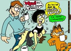 1girls 2boys ambiguous_penetration areolae breasts breasts_out clothes clothing coffee cum drinking female garfield_(series) garfield_the_cat half-dressed irma_(garfield) jon_arbuckle male nev nipples paws,_inc. penetration penis_out simple_background smile straight waitress