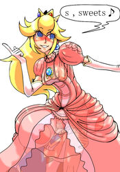 blonde_hair blush clothes color crown ear_piercing female gloves hair hokku_(artist) human interspecies long_hair mario_(series) nintendo piercing princess_peach size_difference smooth_skin standing super_smash_bros. tagme taunting toad_(mario) under_clothes under_dress white_background