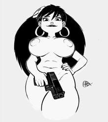 1girls body_bags female female_only gun hagfish hand_on_hip hoop_earrings hoop_earrings_oversized looking_at_viewer low_angle navel nipples nude panda_delgado solo