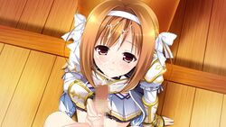 blush brown_hair censored cum facial female game_cg hairband handjob kimishima_ao mitsu_king mosaic_censoring otome_ga_kanaderu_koi_no_aria penis red_eyes short_hair yukishiro_kotori zinno